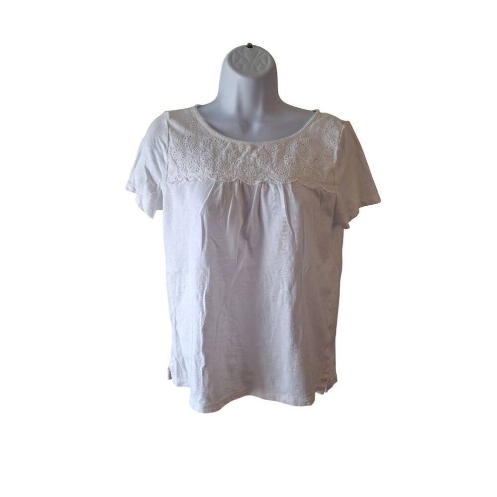 Talbots Petite Lace Yoke Short Sleeve Top Womens SP White